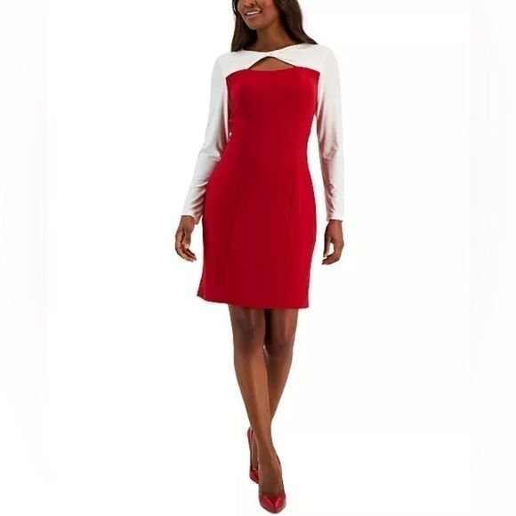KASPER Women's Colorblock Knot-Neck Bodycon Dress Neck Dress - Size M- Red - Picture 1 of 10